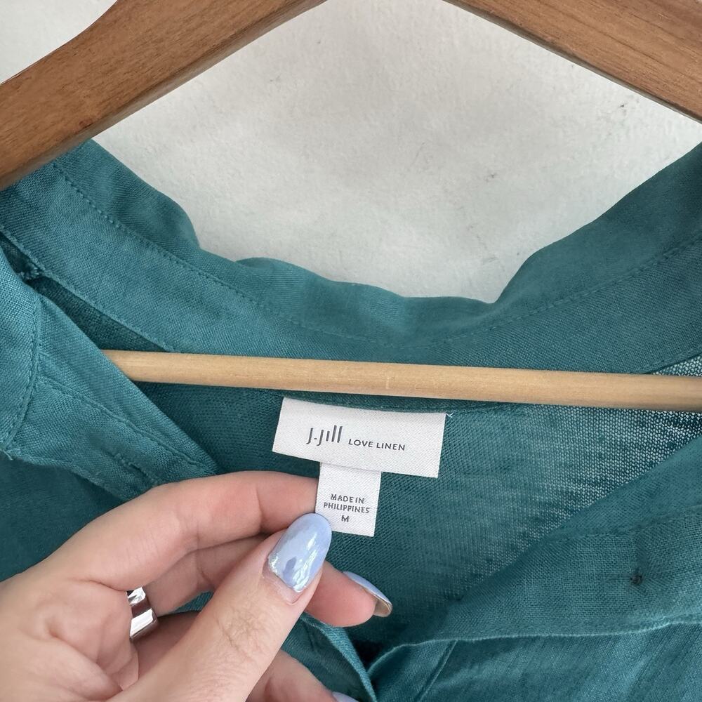 J. Jill 100% Linen Collared Teal Half Button Shirt Medium Pb View 3